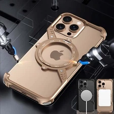 For iPhone 16 15 Pro Max 14 Pro Metal Frameless Magnetic Case + Rotation Stand