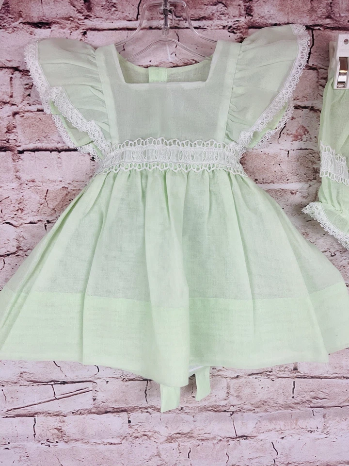 De Colección Nanette Transparente Verde Menta Delantal Bebé Vestido Florers Encaje Lazo Pascua 12 meses Foto 2 de 4