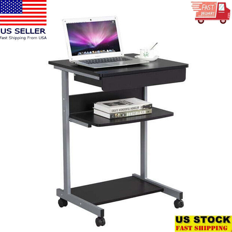 Rolling Computer Desk W/ 2 Shelves & Drawer Storage Lockable Wheels Home Office-image