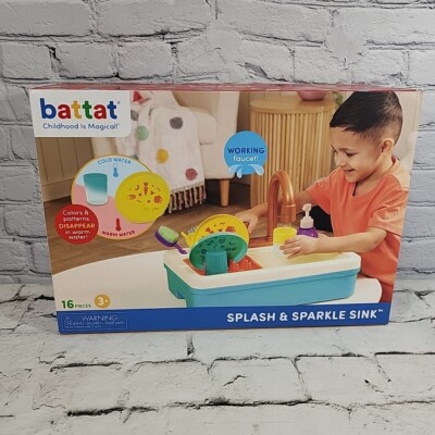 Battat Splash & Sparkle Sink Plastic Real Faucet & Magic Dishes Toddler Toys