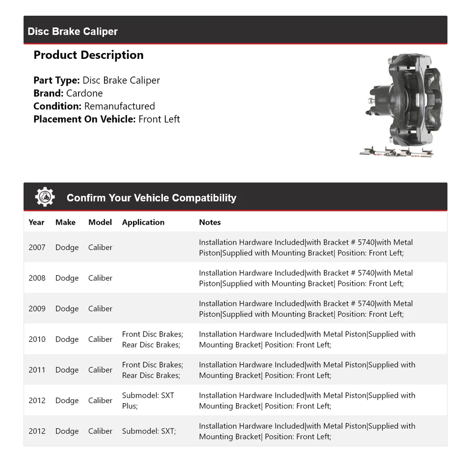For 2007-2012 Dodge Caliber Disc Brake Caliper Front Left Cardone 2008 2009 2010 - Image 2 of 4