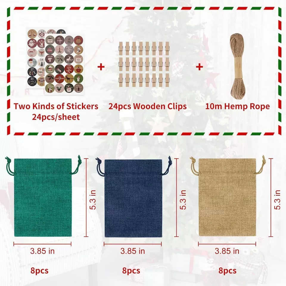 24 Pieces Christmas Advent Calendar Bags Small Burlap Bags Hanging Gift for Xmas - Image 2 of 4