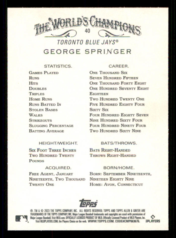 2023 Topps Allen and Ginter Foil Filigree #40 George Springer - Image 2 of 2