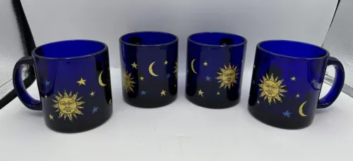 Set Of 4 Vintage 90s Libbey Cobalt Blue Glass Mugs Celestial Sun And Moon USA