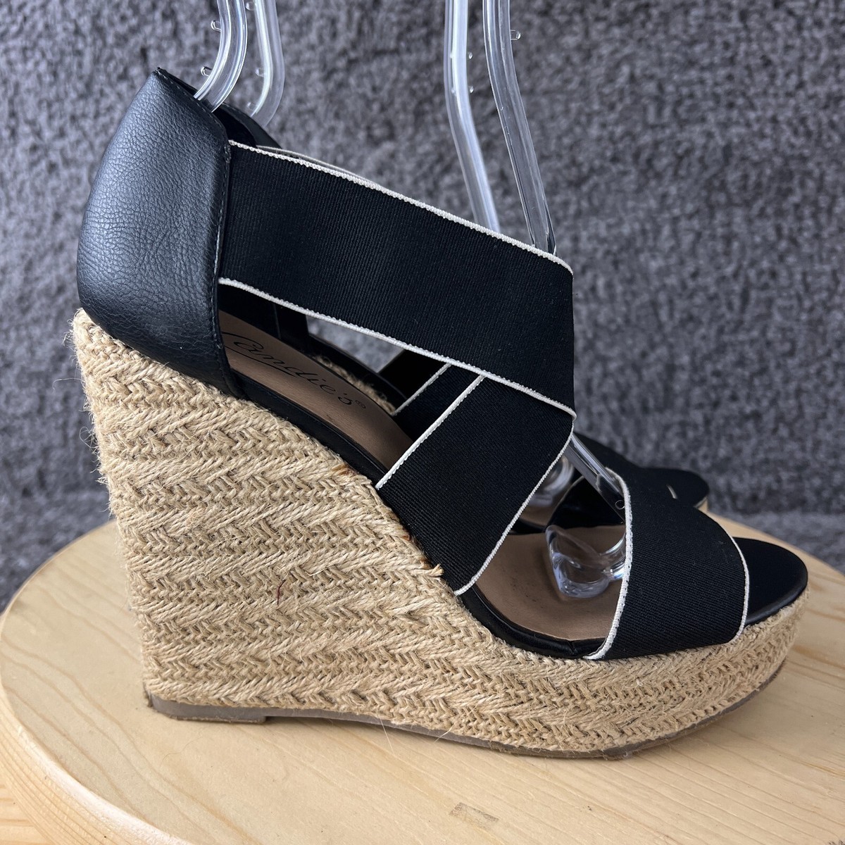 Candies Wedge Heel Sandals Womens Black Tan Espadrille Slip On