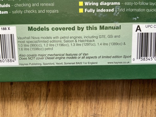 HAYNES MANUAL VAUXHALL NOVA GTE GSi 1983 to 1993 SALOON,HATCHBACK,VAN - UNUSED - Picture 3 of 4