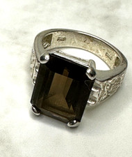 Emerald Cut Large Smoky Quartz Sterling Silver Ring - Size 7