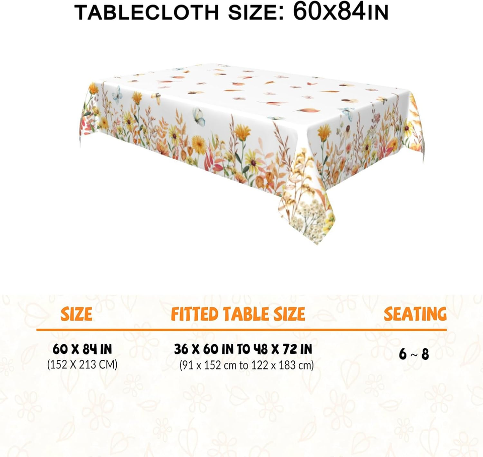 Fall Tablecloth Rectangle 60X84 Inch Watercolor Wild Flowers