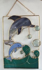 Stained Glass Sun Catcher Blue Dolphins Jumping in Green Ocean Gold Metal Frame