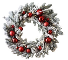 Pottery Barn Lit Faux Frosted Pine Ornaments Wreath Christmas 28" Red