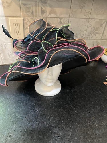 saferin black with neon colors stunning derby, church, tea party etc womens hat