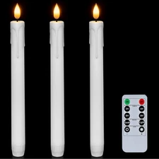 3 PCS Flameless Taper Candles Remote Timer 9.6 Inch White Flickering LED Light