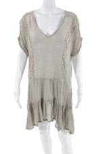 Sunday Womens Linen V-Neck Sleeveless Embroidered Tiered Dress Gray One Size