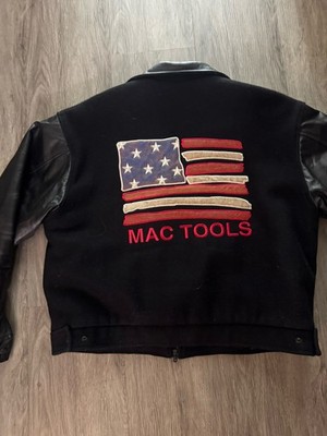 RARE Vintage MAC Tools Racing Jacket Black Leather Sleeves USA Flag Embroidered