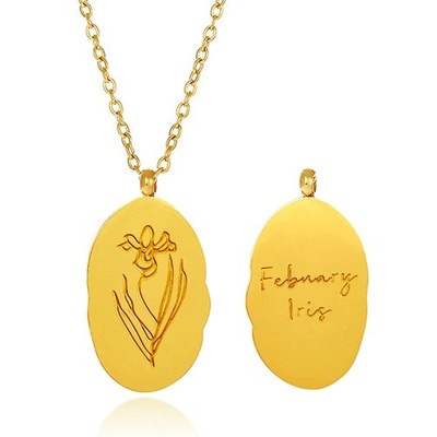 Birth Month Flower Necklace 18k Gold Engraved Floral Oval Pendant Necklace Stamp