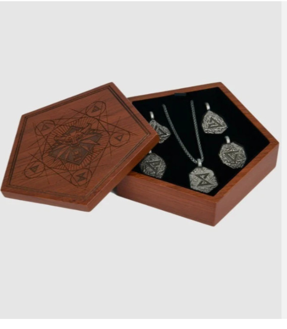 Juego de collar colgante The Witcher Signs/con cadena + caja de madera de recuerdo nuevo