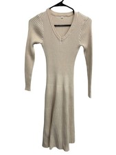 Medium Ribbed Beige Long Sleeve Knit V-Neck Midi Dress Minimalist Cozycore