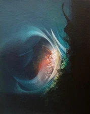 Original Surrealist landscape painting, acrylic on canvas panel, 8x10 in.