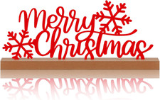 13.78-Inch Merry Christmas Metal Table Sign with Wooden Base for Home Decor