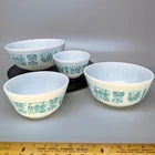 PYREX Amish Butterprint White Turquoise Nesting Glass Mixing Bowl Set 401-404