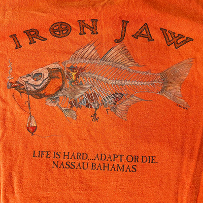 Vtg 90s Sea Dog Iron Jaw Fish Skeleton Orange Nassau Bahamas T-Shirt Large USA