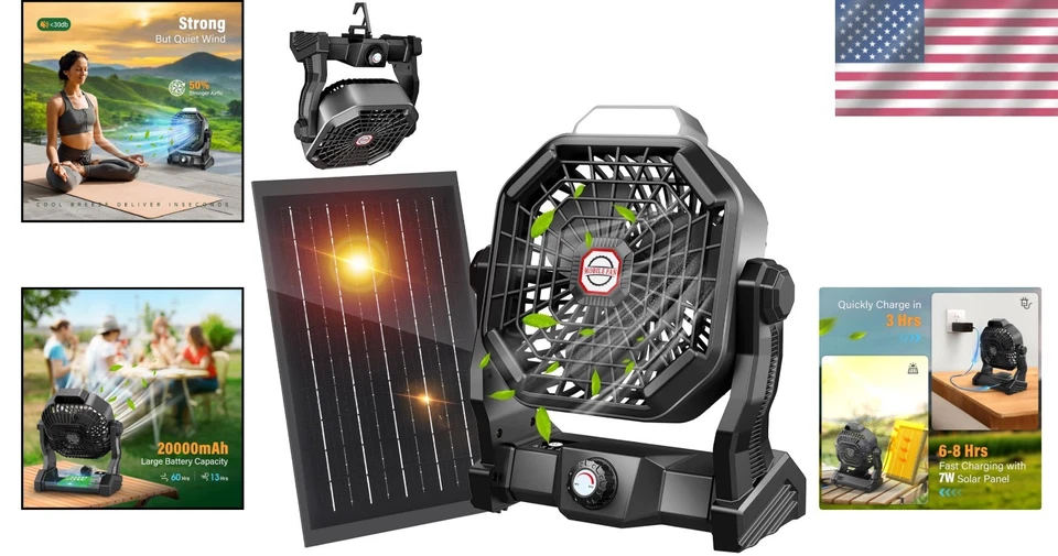 Rechargeable 20000mAh Solar Fan with Adjustable LED Light for Camping Adventures - Image 2 of 4