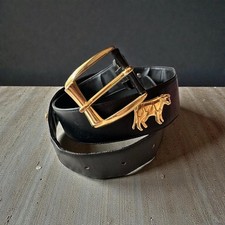Vintage 80s Whimsical Cow Charm Belt - Black Faux Leather Western Waist Belt