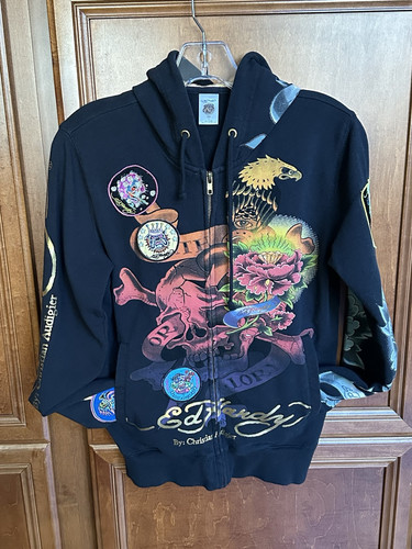 RARE Ed Hardy Size S Death Or Glory Zip Black Hoodie 7 Embrd Patches Skull Y2K - Picture 3 of 20