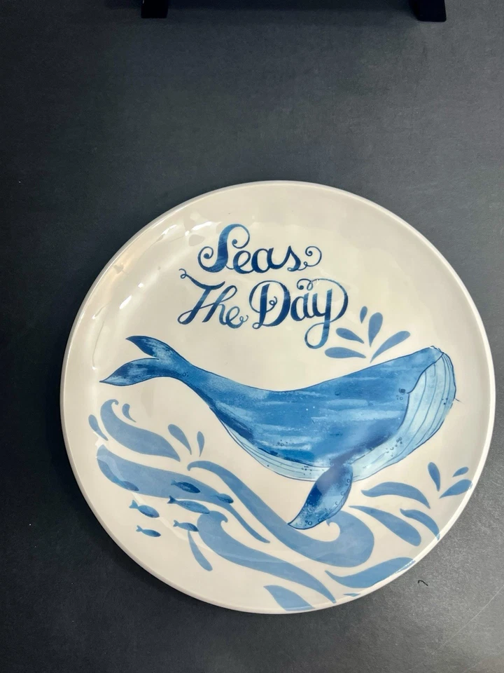 (4) Pier 1 Imports SEAS THE DAY Ironstone Whale Blue White Salad Plates 8.75” - Image 3 of 4