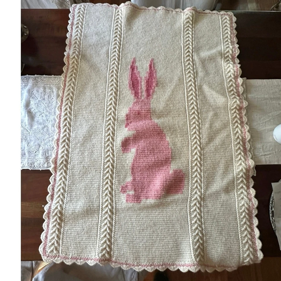 Vintage Crocheted pink Bunny Baby girl Blanket nursery hand made retro 40x28”  - Image 2 of 4