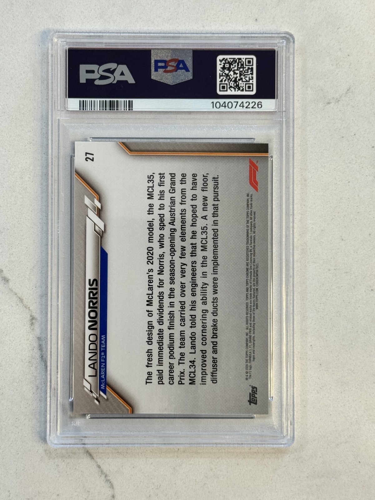 2020 Topps Chrome Sapphire Formula 1 F1 #27 Lando Norris Rookie Rc PSA 10 view 2