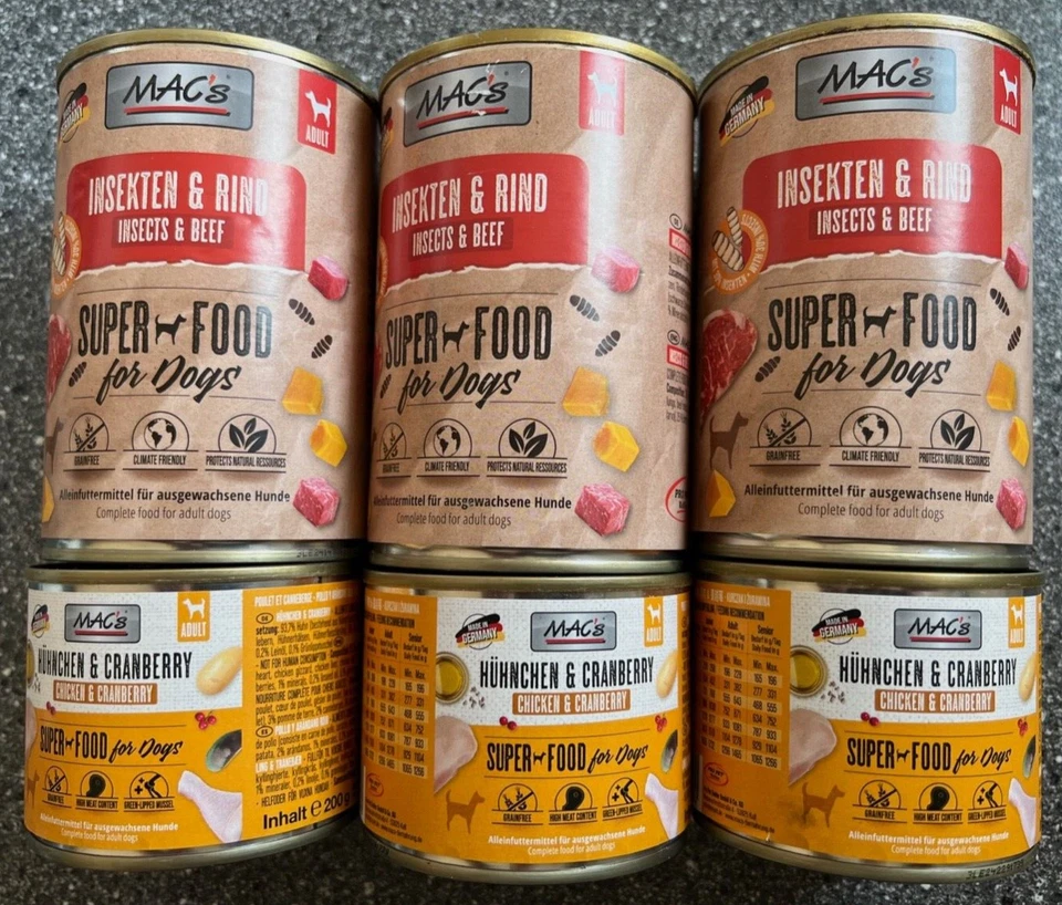 3x 400 g Mac`s Dog Rind & Insekten & 3x 200g Mac`s Dog Hühnchen + Cranberry