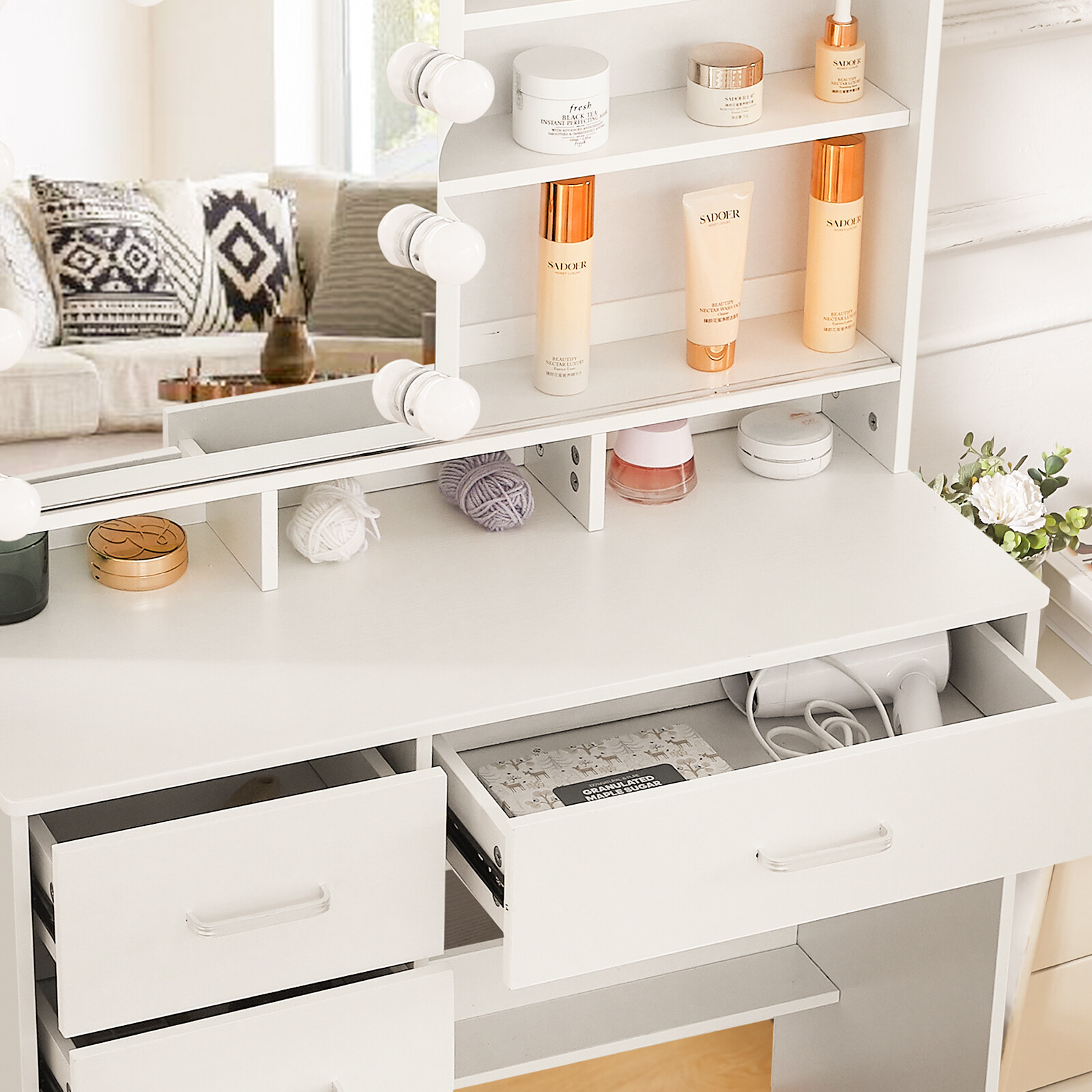 Vanity Table 10 LED Lights Makeup Dressing Desk Set 5 Drawers Bedroom Vanities