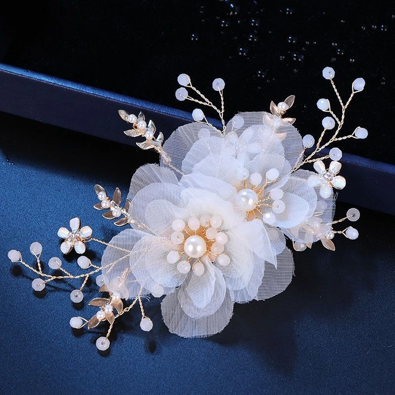 Tocados de novia de perlas sintéticas-horquillas florales de encaje blanco accesorios para el cabello de boda Foto 3 de 4