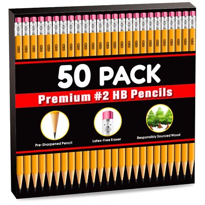50 Pack #2 Pencils Bulk Pre-sharpened Pencils with Eraser top 2 HB Pencils fo...