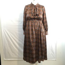 Molly Bracken Womens Midi Dress SZ S Geometric Tile Floral Puff Sleeve Mod Style