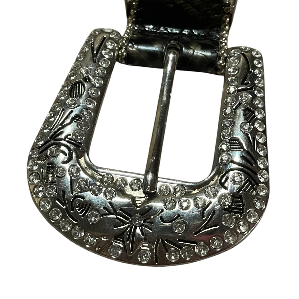 Rhinestone Studded Belt Women 2X Black Silver Fleur de Lis Faux Snake Cowgirl - Image 4 of 4