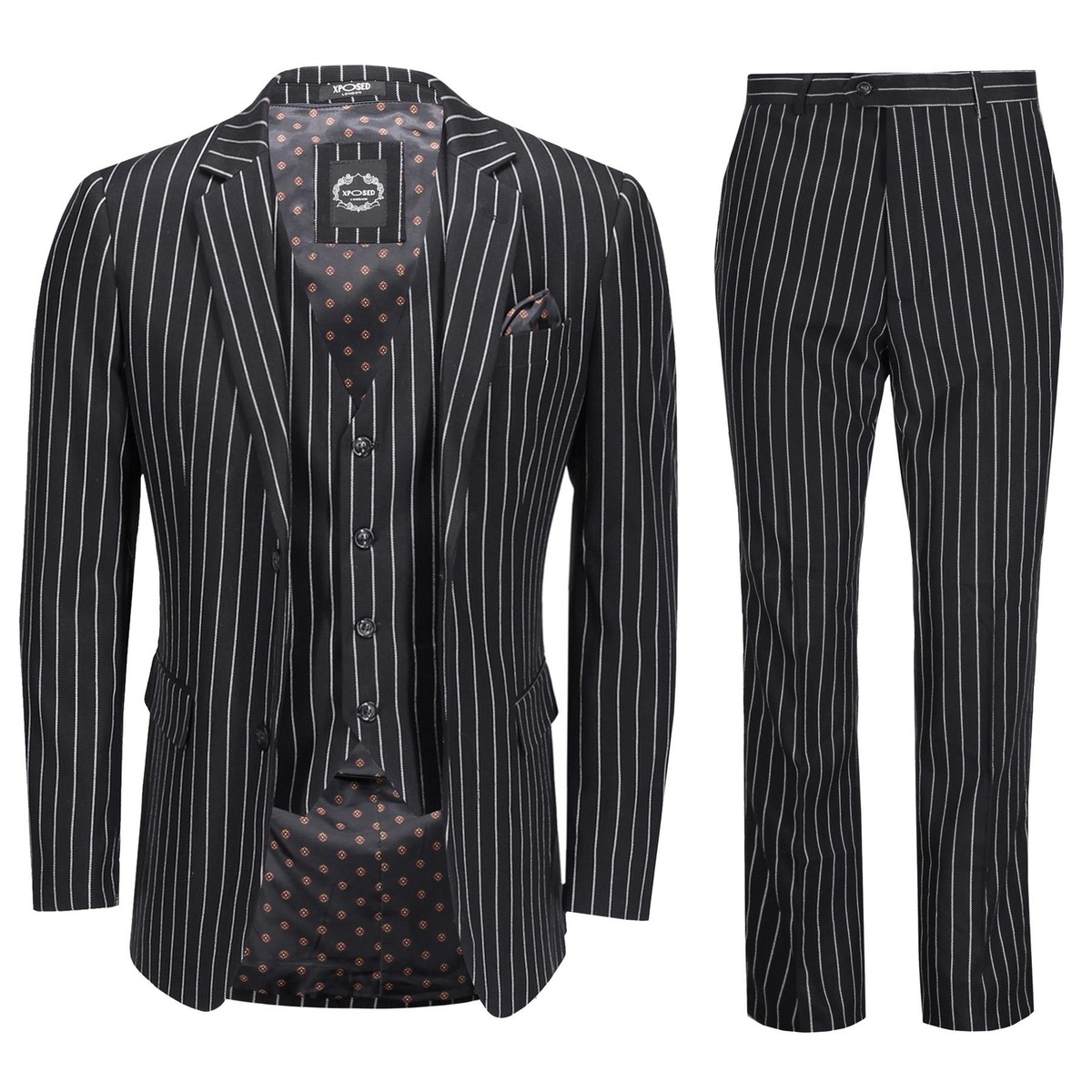 Mens 3 Piece Pin Stripe Suit Black White Retro 1920s Peaky