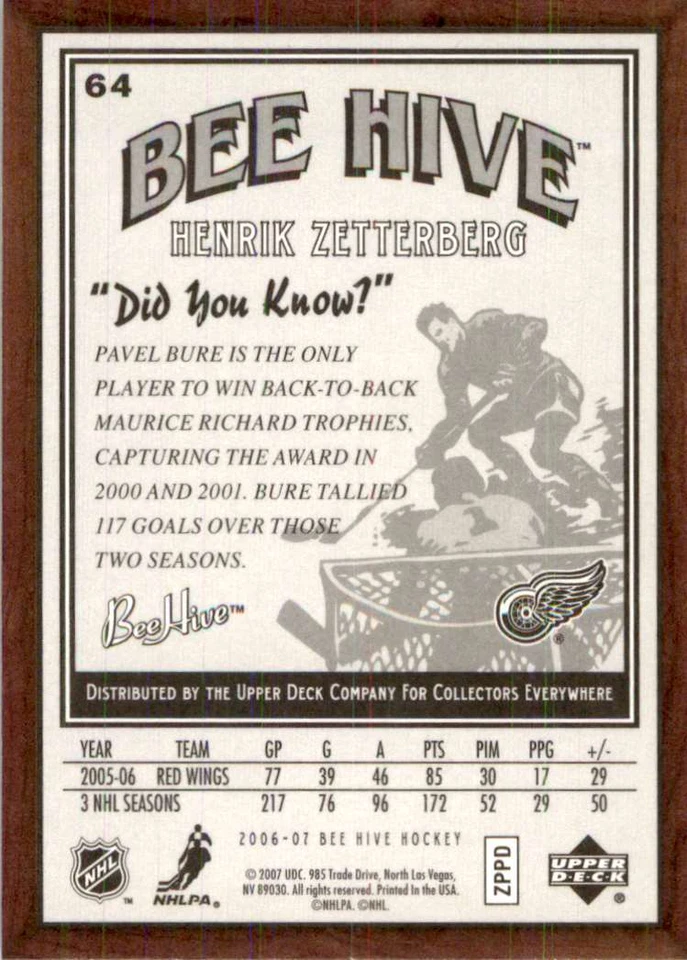 2006-07 Upper Deck Beehive Wood Henrik Zetterberg #64 - Image 2 of 2