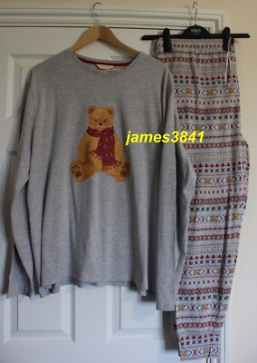 M&S Mens Grey SPENCER BEAR Teddy Xmas Christmas PJs Pyjamas Set XXL 47-49  42-44 UK
