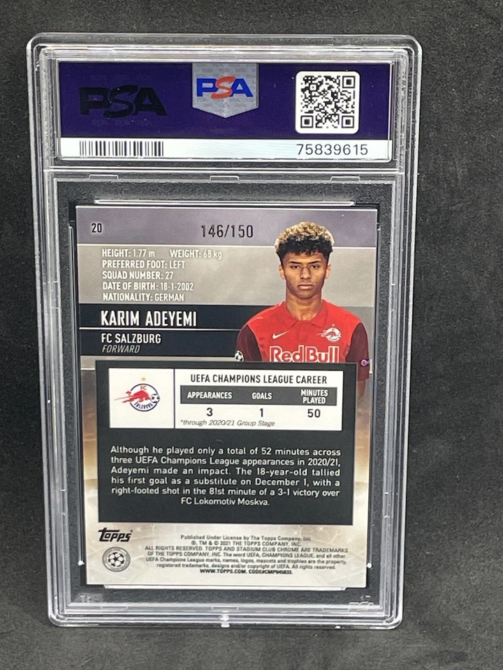 2020-21 STADIUM CLUB CHROME UCL KARIM ADEYEMI AQUA GREEN ELECTRIC PSA 10 RC /150 - Image 2 of 2