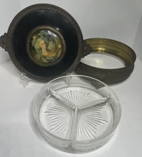 Vintage PNCW Victorian Brass Metal 3 Section Dish Jewelry Vanity Trinket Box USA