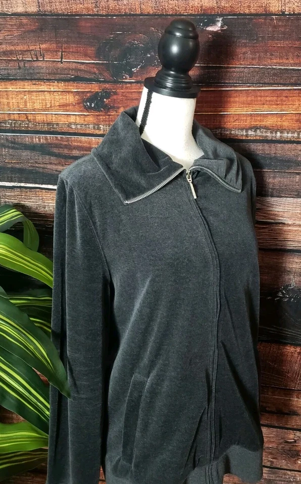Jones New York Chaqueta Deportiva Grande Cremallera Completa Terciopelo Sudadera Top Gris Bolsillos Foto 4 de 4