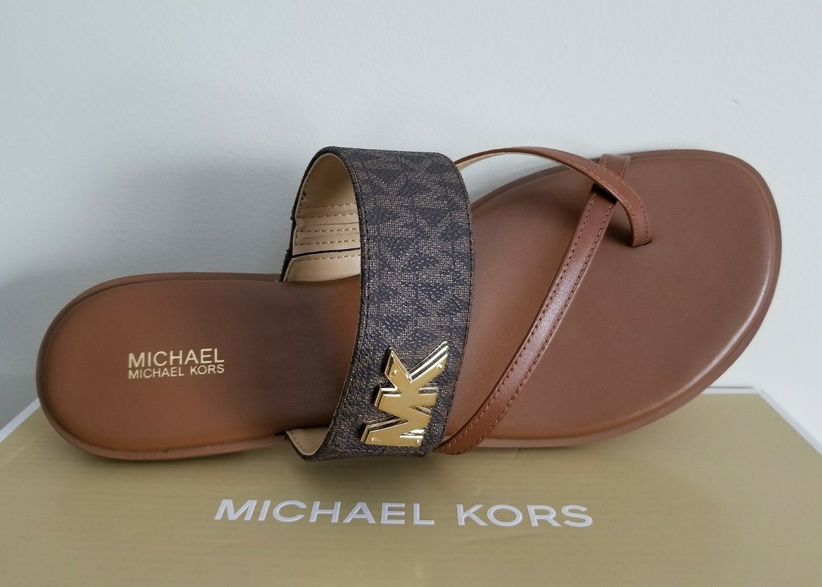 Michael KORS SIDNEY BROWN MINI MK GOLD LOGO THONG SANDALS US