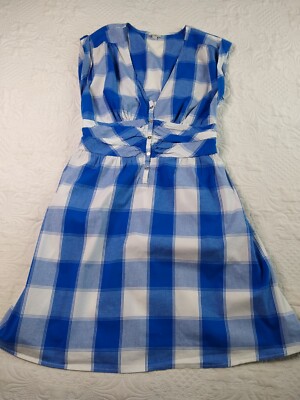 Guess Jumper Dress Womens XL (L) Blue Check Smocked Cumberbund Waist Vtg
