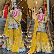 Mustard/Pink Color Heavy Hand Work Kurta Sharara Set,3Pc EID Collection Suit Set