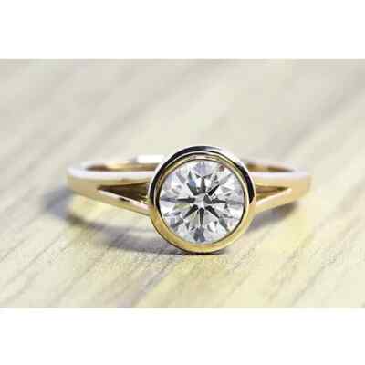 Certified Round Moissanite Bezel Set Engagement Wedding Ring Yellow Gold Plated