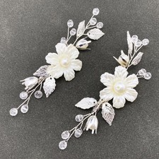 Pearls Flower Hair Clips 2pcs Bridal Ivory Floral Silver Leaf Vine Hair Piece...