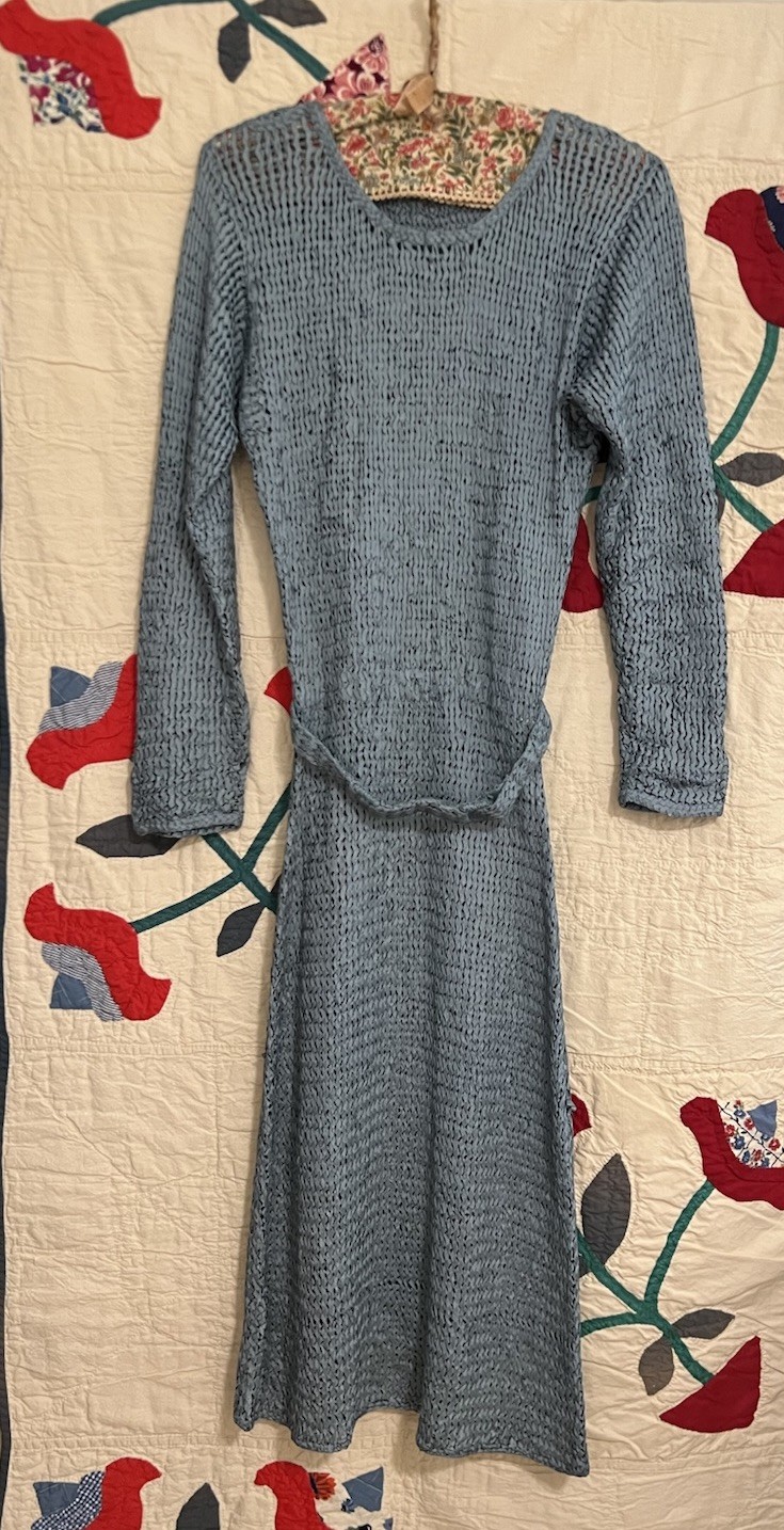 Vintage 30s 40s Blue Knit Ribbon Dress Belted Art Deco Long Sleeve