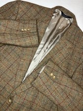 Vintage Lands  End Harris Tweed Blazer Men 46R Brown Windowpane Wool Sport Coat